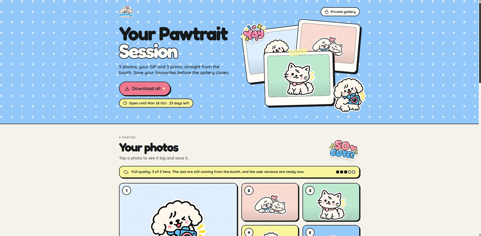 Pawtrait soft-file gallery for one session with a download all button and a countdown to when it closes