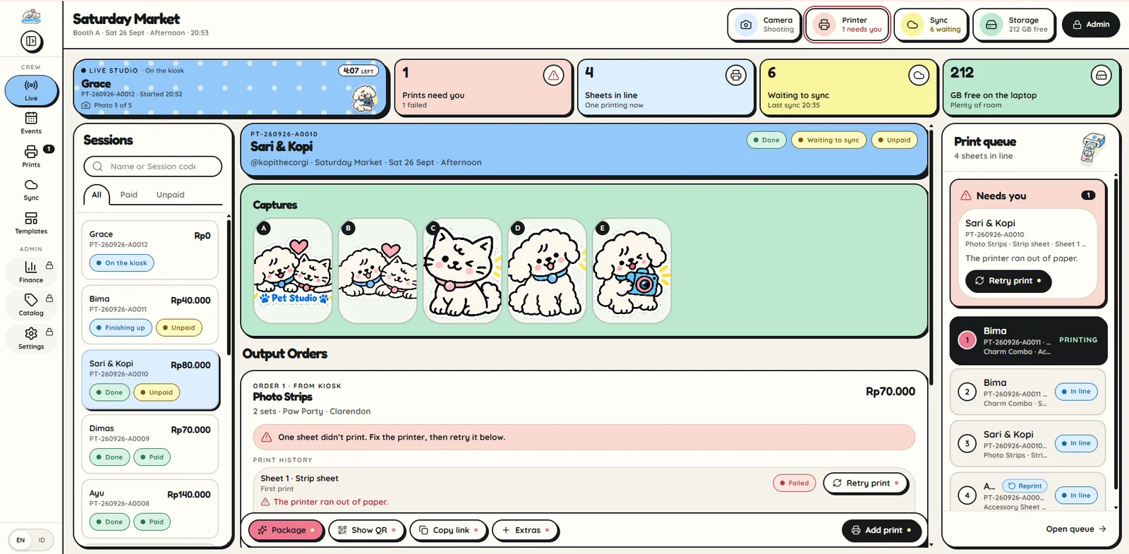 Pawtrait operator console showing live session, print queue, sync status and a failed print with a retry button