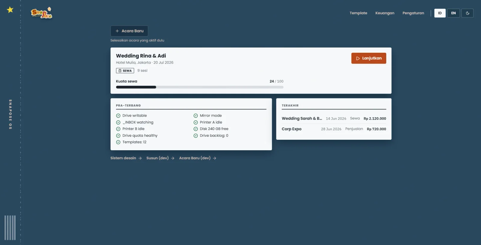 Snapose home screen with the active wedding event, rental quota, preflight checklist and recent events with revenue